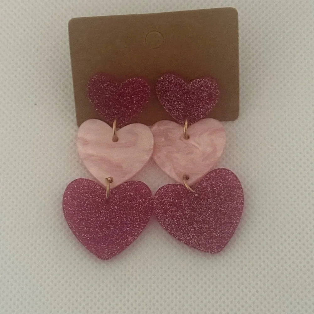 Pink & Purple Glitter Heart Dangle Earrings – Triple Drop Statement – NWT - Picture 1 of 4